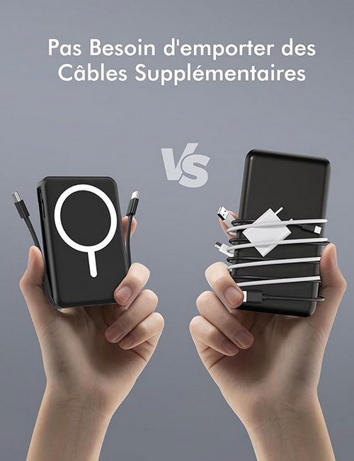 ⚡ PowerMag™ — Batterie Externe Magnétique avec Câbles Intégrés & Charge Rapide