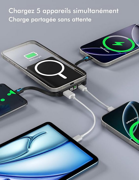 ⚡ PowerMag™ — Batterie Externe Magnétique avec Câbles Intégrés & Charge Rapide